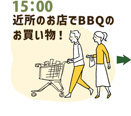 15：00 近所のお店でBBQのお買い物！