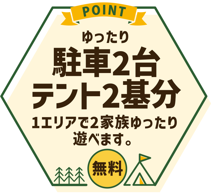 ゆったり駐車2台テント2基 1エリアで2家族ゆったり遊べます。